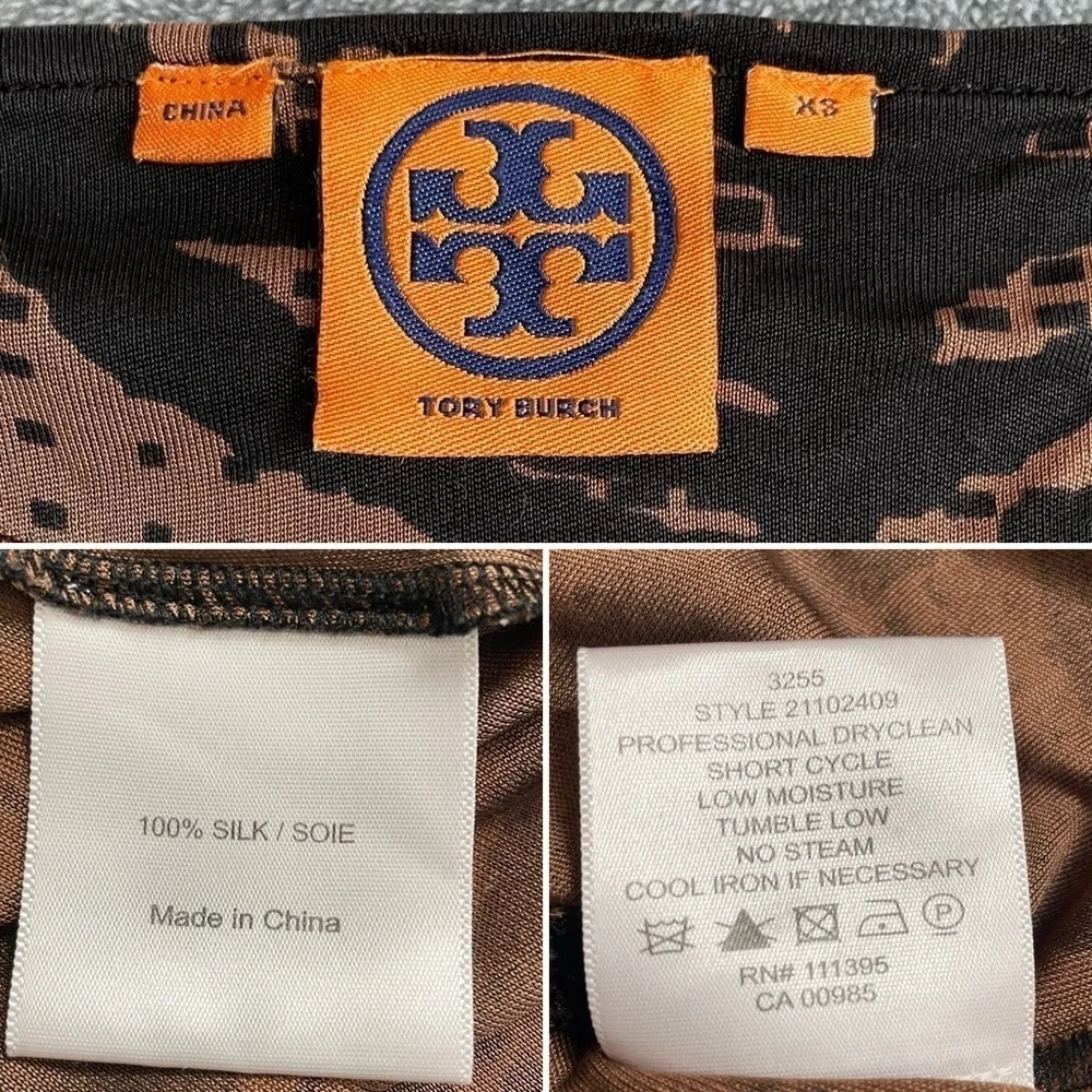 Tory Burch Ivette Kongo Leaf Print Silk Dress in Black Brown Size XSmall - Picture 11 of 11